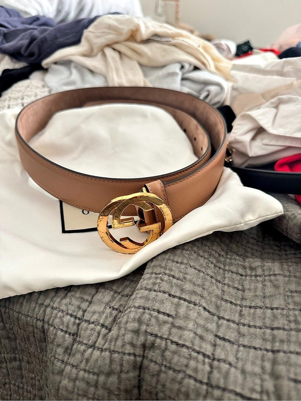 Gucci Interlocking G Buckle Leather Belt Brown & Gold Waist 32